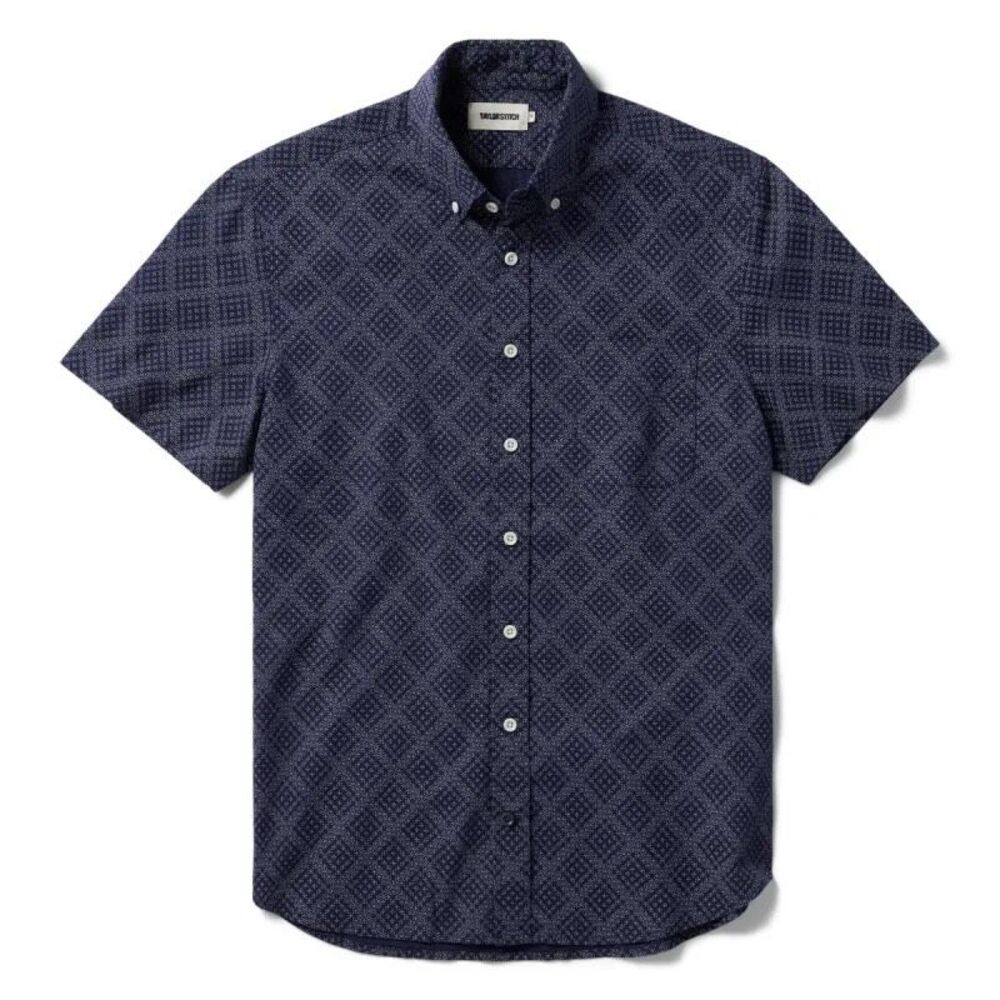 Taylor Stitch The Short Sleeve Jack Collar Navy Blue Geometric Size 34 XS Small
